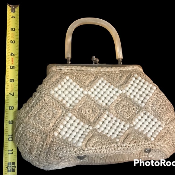 Vintage Ivory White Beaded Evening Handled Clutch Purse w Snap Closure - Picture 5 of 9